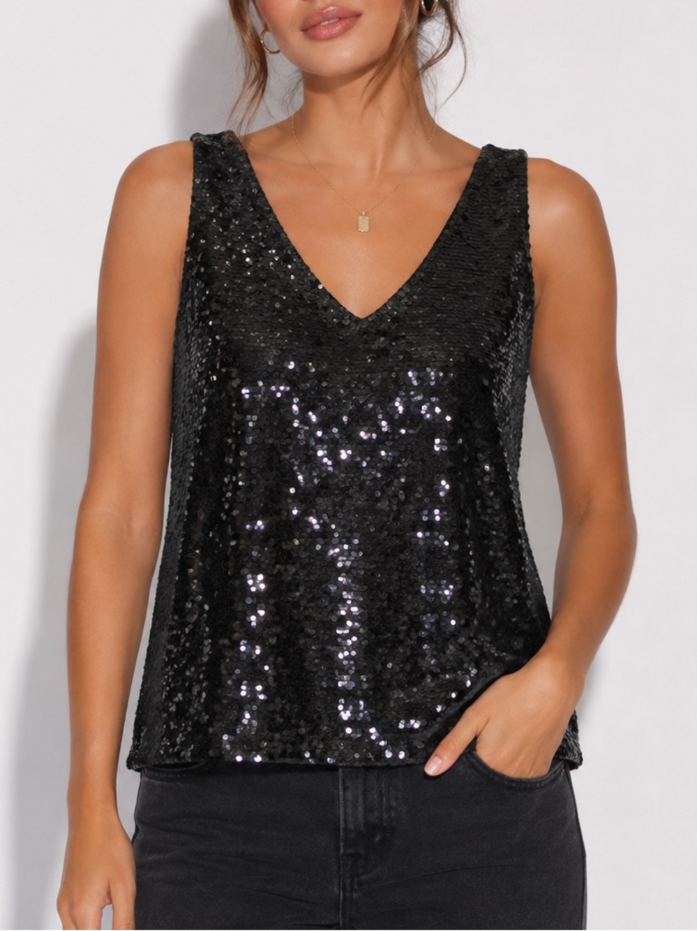 Dana Buchman Luxe Black Sequin Tank Top S V Neck Evening Party Y2K Glam